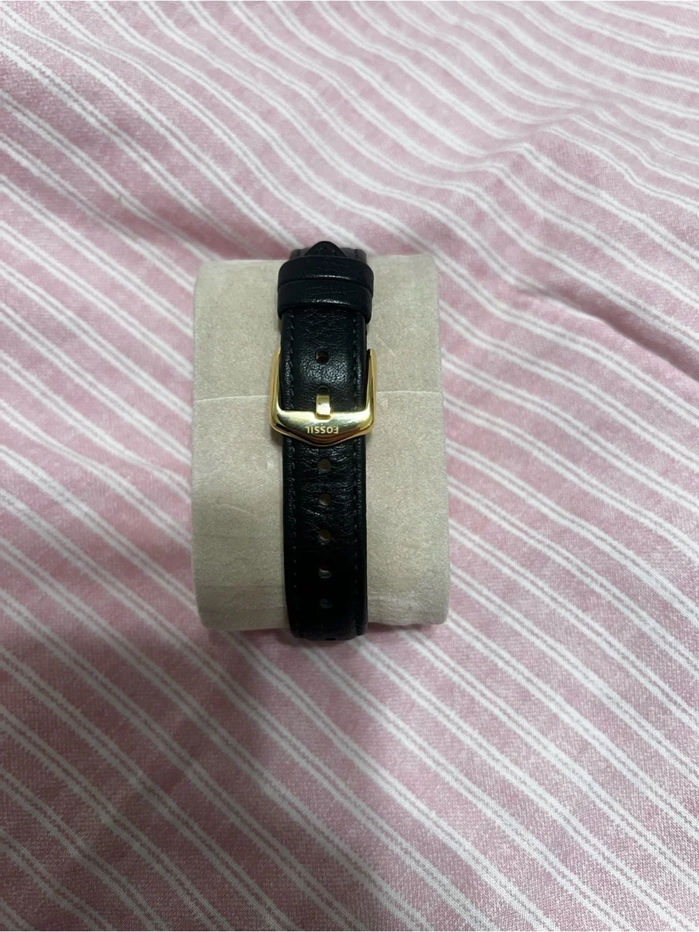 Fossil Gold-Tone Case Watch with Black Leather Strap